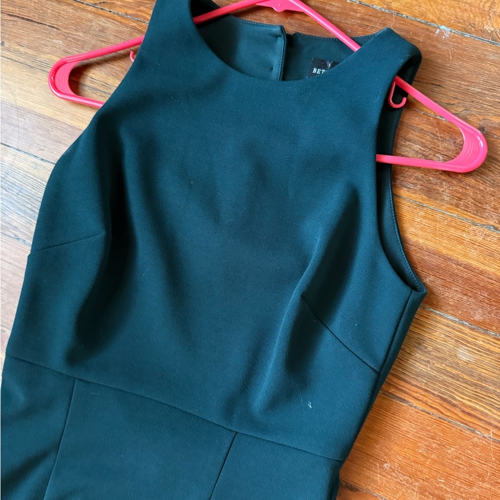 Betsy & Adam dark green evening gown, formal gown covered buttons cut out back